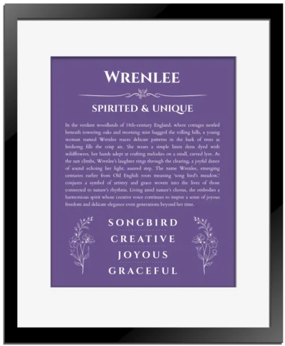 Wrenlee personalized wall art with the story of your name in purple with black matte frame
