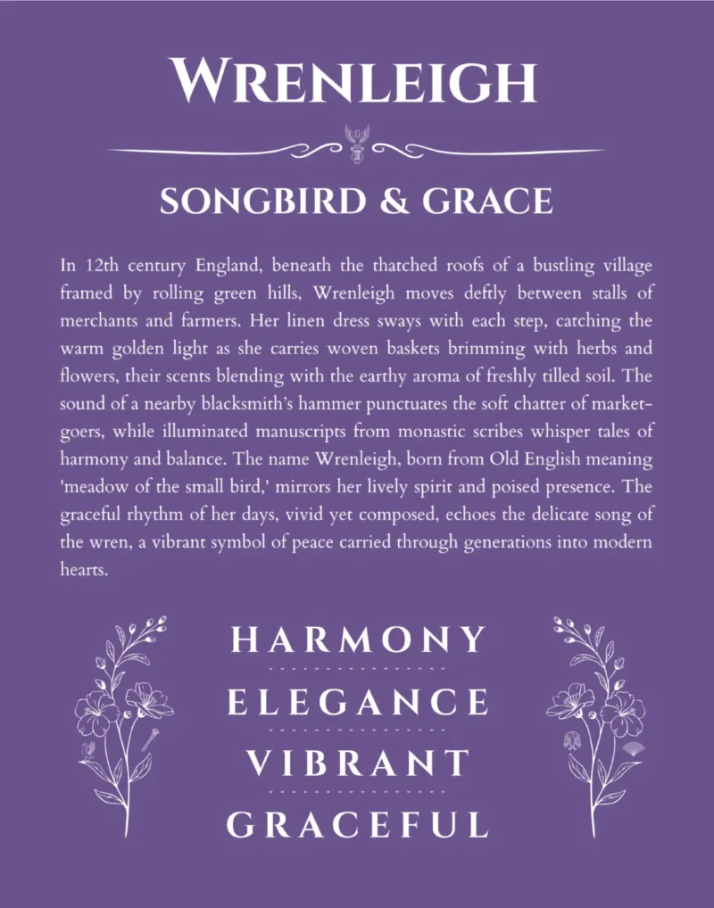 Wrenleigh custom name art showing meaning and origin in purple