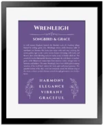 Wrenleigh custom name art showing meaning and origin in purple with black matte frame