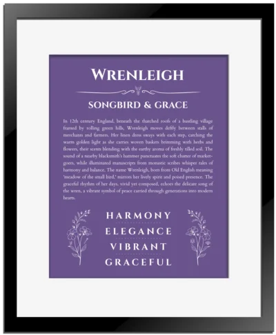 Wrenleigh custom name art showing meaning and origin in purple with black matte frame