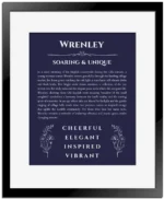 Wrenley personalized name meaning print in navy blue with black matte frame