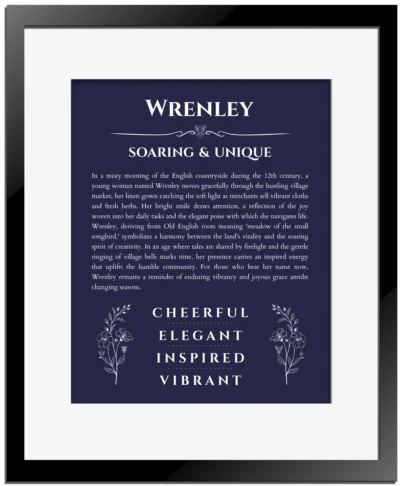 Wrenley personalized name meaning print in navy blue with black matte frame