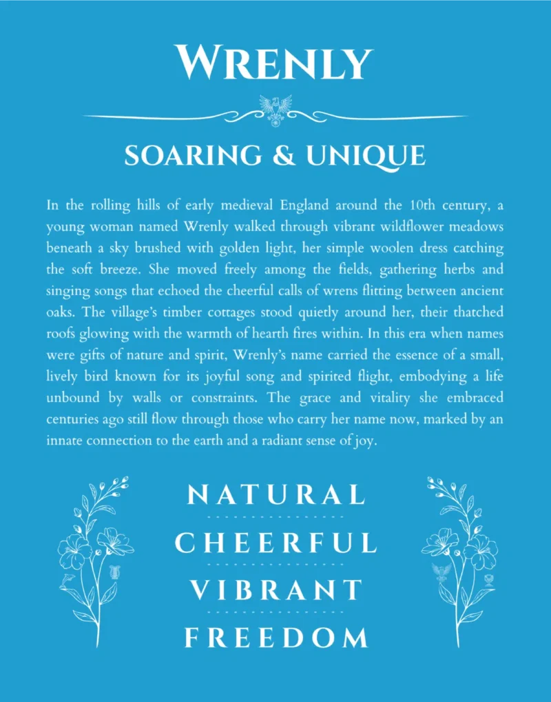 Wrenly name origin print with meaning and traits in blue
