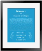 Wrenly name origin print with meaning and traits in blue with black matte frame