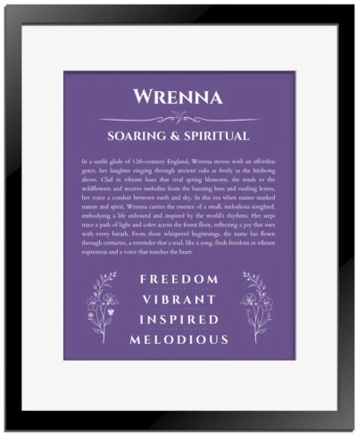 Wrenna custom name art showing meaning and origin in purple with black matte frame