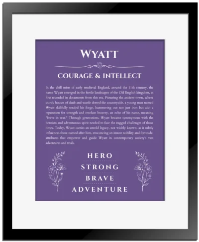 Wyatt name meaning gift print in purple with black matte frame