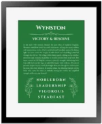 Wynston personalized name art with origin story in dark green with black matte frame