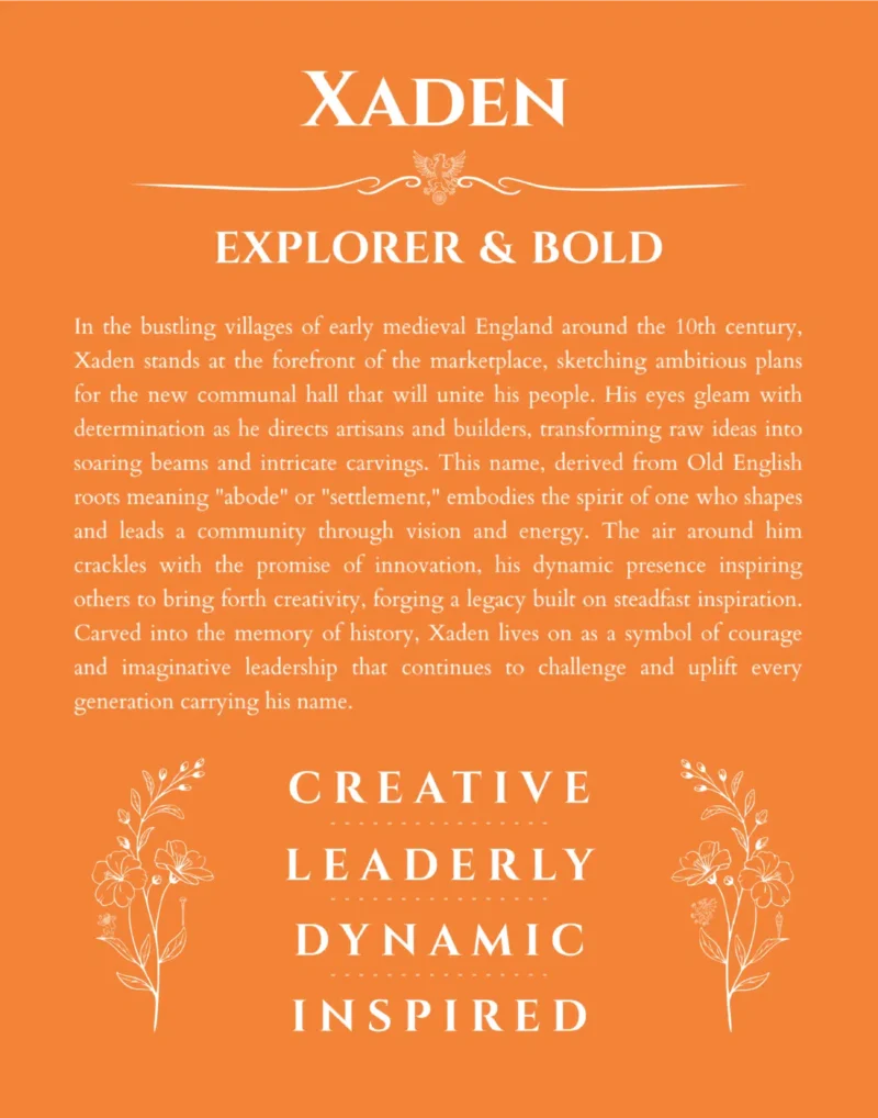 Xaden personalized name art with origin story in orange