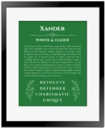 Xander custom name print for wall display in dark green with black matte frame