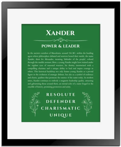Xander custom name print for wall display in dark green with black matte frame