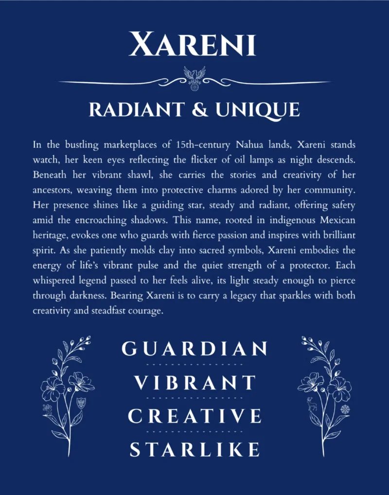 Xareni custom name art showing meaning and origin in deep blue