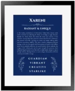 Xareni custom name art showing meaning and origin in deep blue with black matte frame
