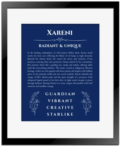 Xareni custom name art showing meaning and origin in deep blue with black matte frame