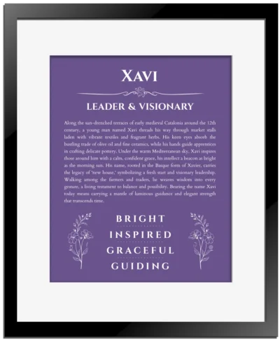 Xavi name meaning gift print in purple with black matte frame