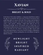 Xavian name origin print with meaning and traits in navy blue