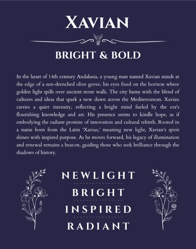 Xavian name origin print with meaning and traits in navy blue