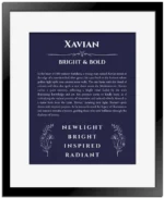 Xavian name origin print with meaning and traits in navy blue with black matte frame
