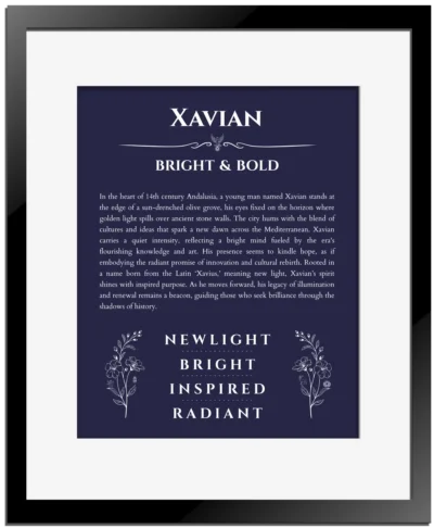 Xavian name origin print with meaning and traits in navy blue with black matte frame
