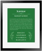 Xavien name meaning wall art by Get Your Story in dark green with black matte frame