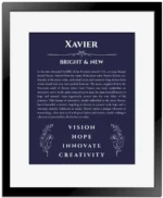 Xavier custom name meaning print in navy blue with black matte frame