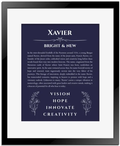 Xavier custom name meaning print in navy blue with black matte frame