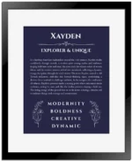 Xayden custom name print for wall display in navy blue with black matte frame