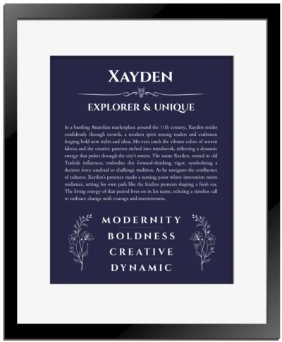 Xayden custom name print for wall display in navy blue with black matte frame