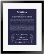 Ximena personalized name print with origin and traits in navy blue with black matte frame