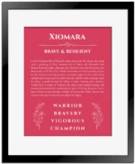 Xiomara custom name art showing meaning and origin in red with black matte frame