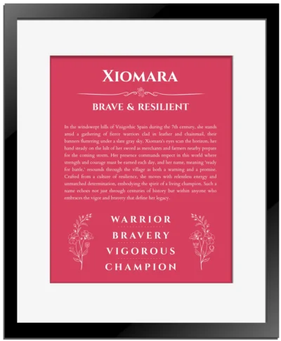 Xiomara custom name art showing meaning and origin in red with black matte frame