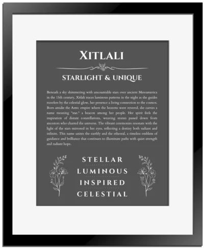 Xitlali custom name print for wall display in gray with black matte frame