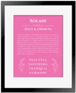 Xolani personalized name art with origin story in pink with black matte frame