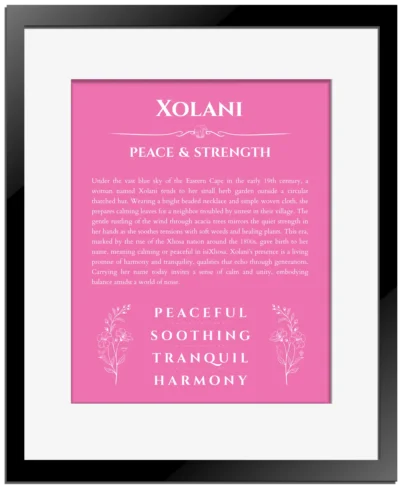 Xolani personalized name art with origin story in pink with black matte frame