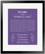 Xyaire personalized name meaning print in purple with black matte frame