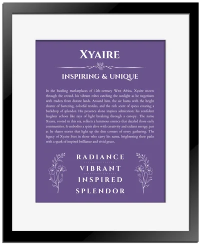 Xyaire personalized name meaning print in purple with black matte frame