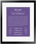 Xylah personalized name art with origin story in purple with black matte frame