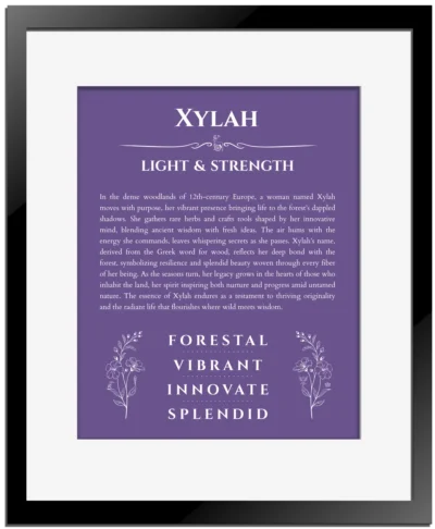 Xylah personalized name art with origin story in purple with black matte frame