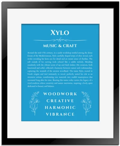 Xylo name meaning wall art by Get Your Story in blue with black matte frame