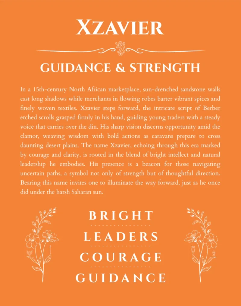 Xzavier custom name art showing meaning and origin in orange