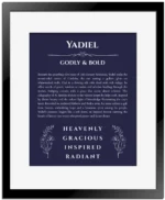 Yadiel name meaning gift print in navy blue with black matte frame