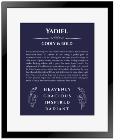 Yadiel name meaning gift print in navy blue with black matte frame