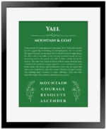 Yael name origin print with meaning and traits in dark green with black matte frame