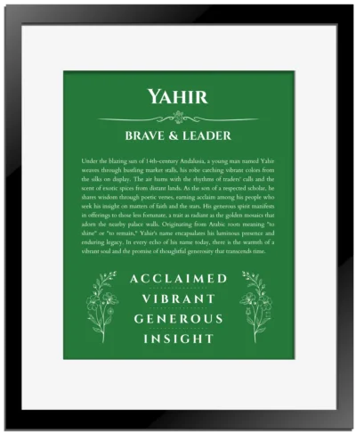 Yahir personalized name print with origin and traits in dark green with black matte frame