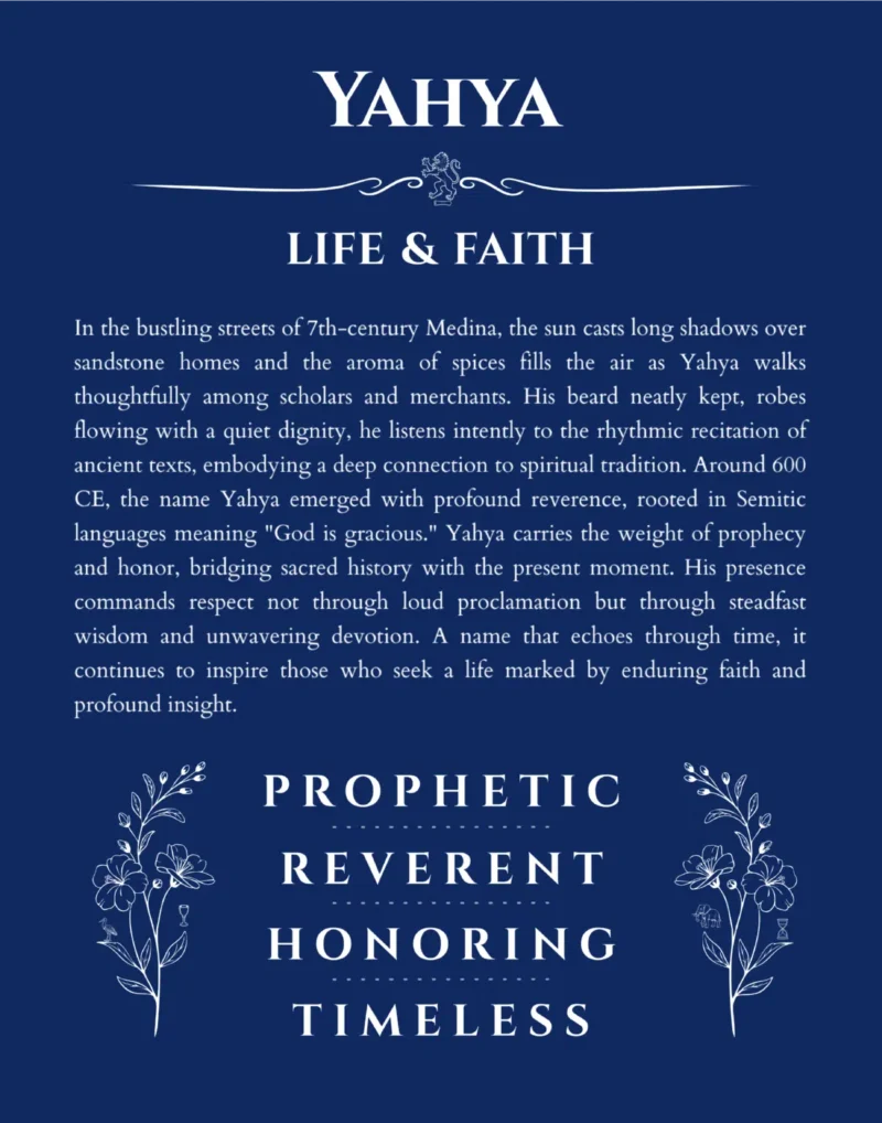 Yahya name meaning gift print in deep blue