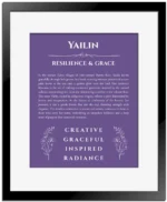 Yailin personalized name print with origin and traits in purple with black matte frame