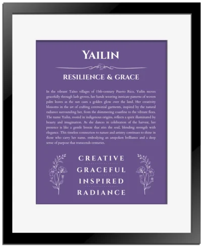 Yailin personalized name print with origin and traits in purple with black matte frame