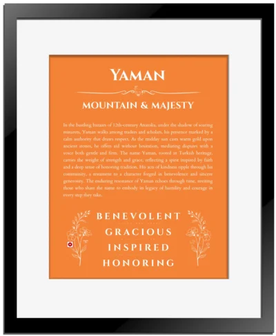 Yaman personalized wall art with the story of your name in orange with black matte frame