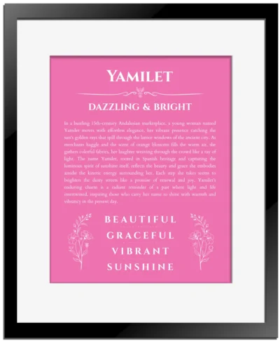 Yamilet custom name print for wall display in pink with black matte frame