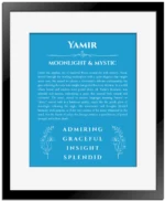 Yamir personalized name print with origin and traits in blue with black matte frame