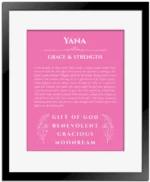 Yana name meaning gift print in pink with black matte frame